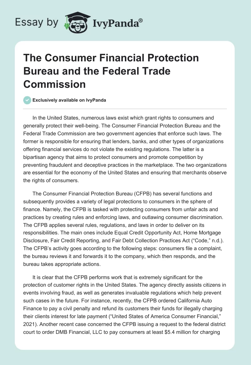 The Consumer Financial Protection Bureau and the Federal Trade Commission. Page 1