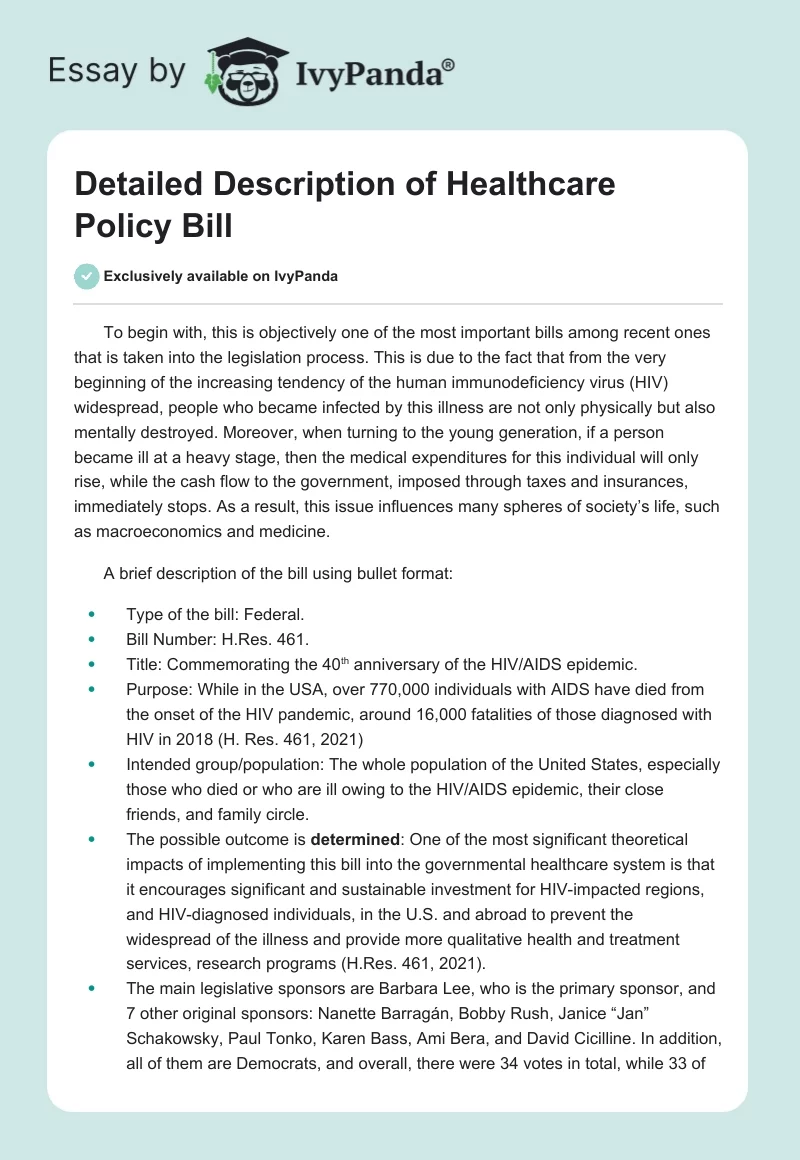 Detailed Description of Healthcare Policy Bill. Page 1