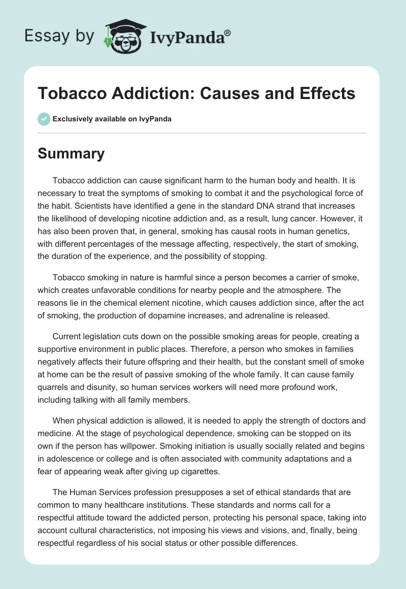 Tobacco Addiction: Causes and Effects. Page 1