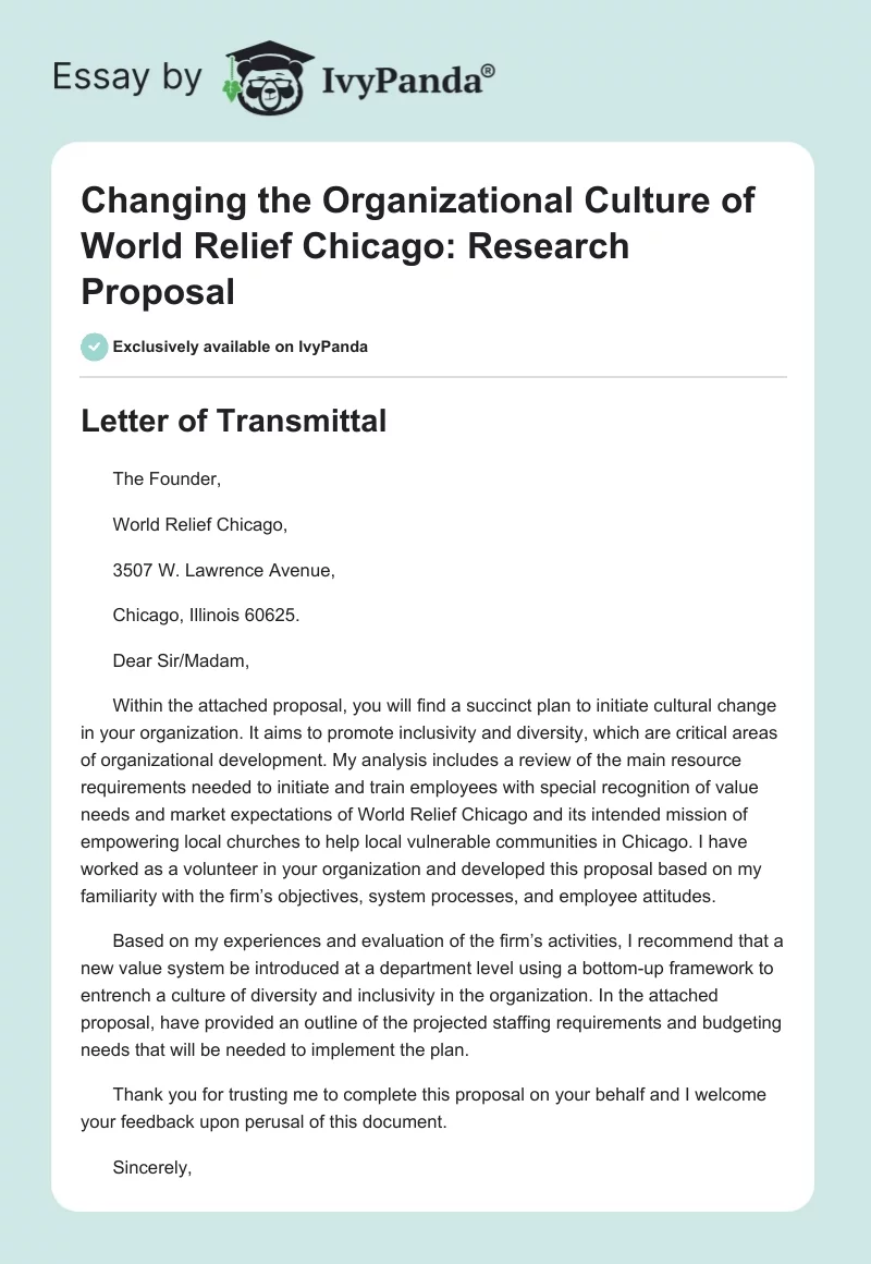 Changing the Organizational Culture of World Relief Chicago: Research Proposal. Page 1