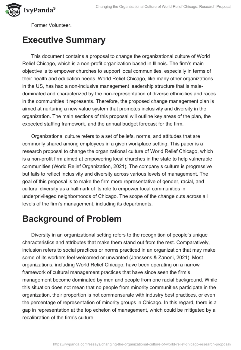 Changing the Organizational Culture of World Relief Chicago: Research Proposal. Page 2