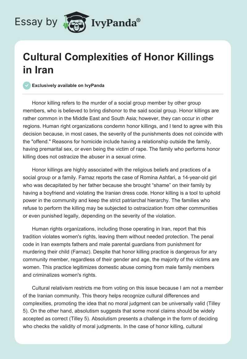Cultural Complexities of Honor Killings in Iran. Page 1