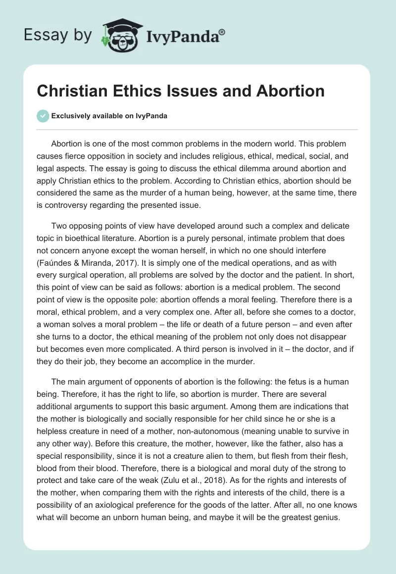 Christian Ethics Issues and Abortion. Page 1