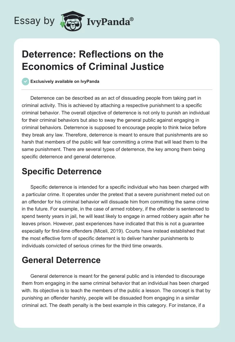 Deterrence: Reflections on the Economics of Criminal Justice. Page 1