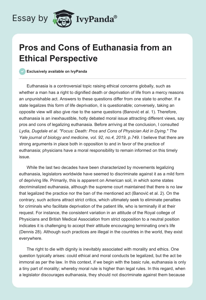 Pros and Cons of Euthanasia from an Ethical Perspective. Page 1