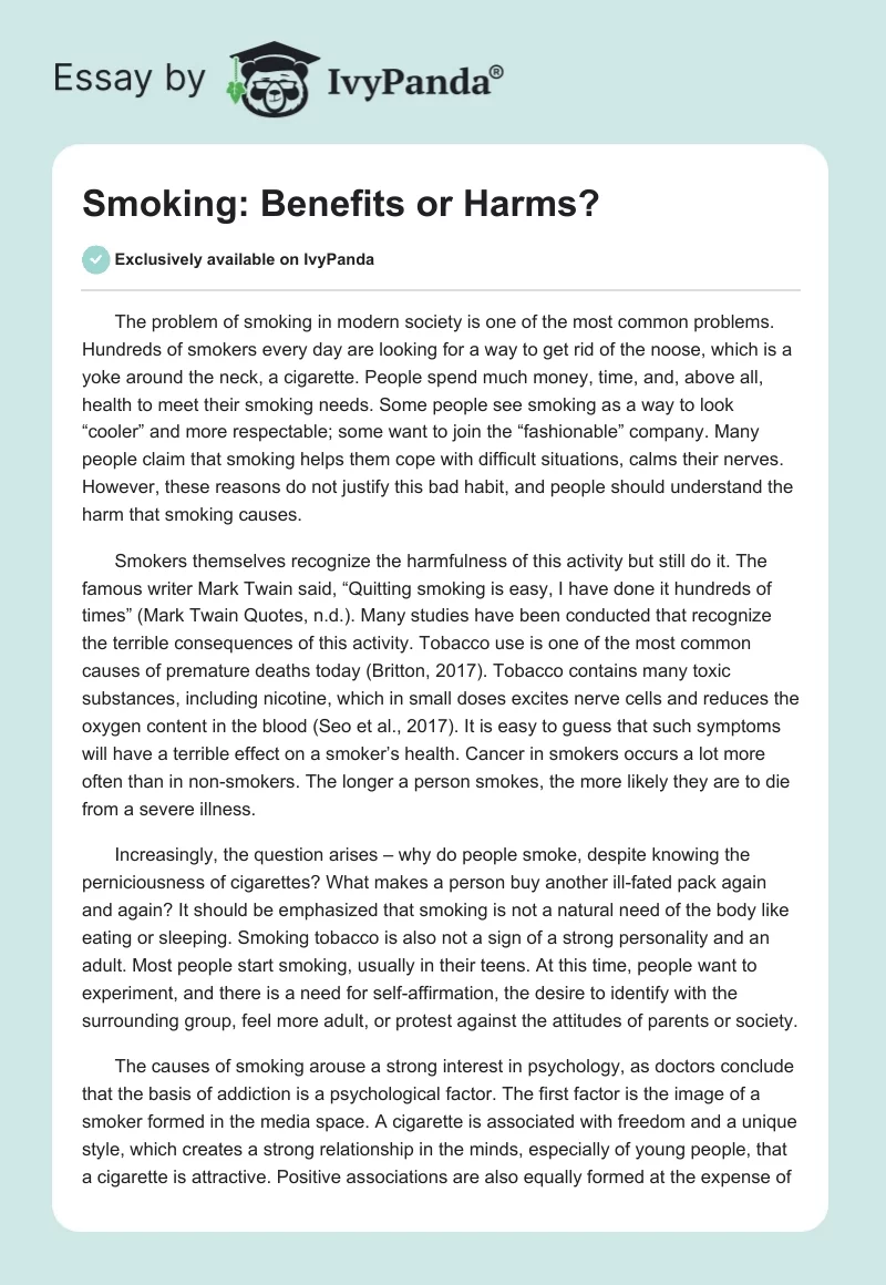 Smoking: Benefits or Harms?. Page 1