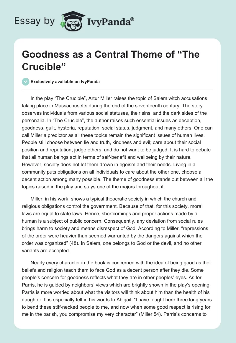 Goodness as a Central Theme of “The Crucible”. Page 1