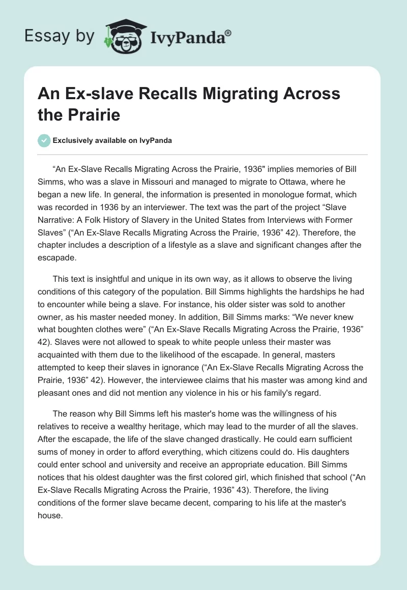 An Ex-slave Recalls Migrating Across the Prairie. Page 1