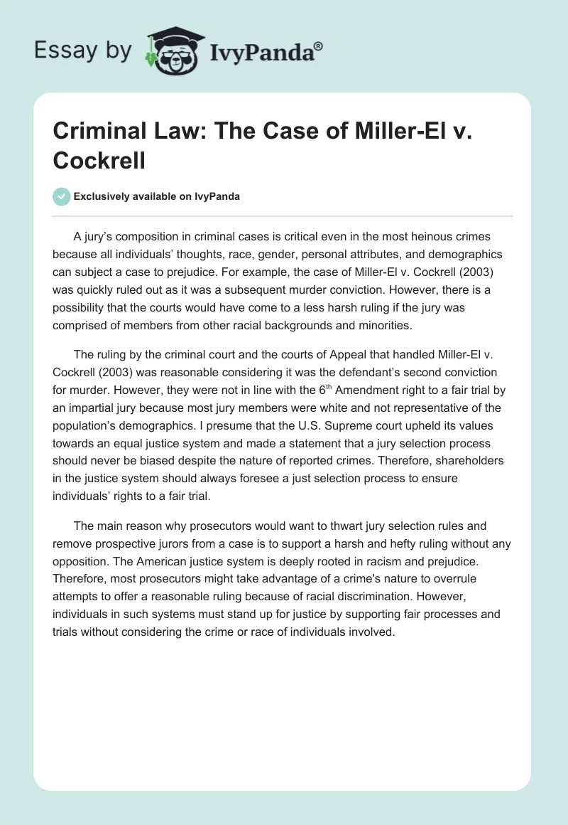 Criminal Law: The Case of Miller-El v. Cockrell. Page 1
