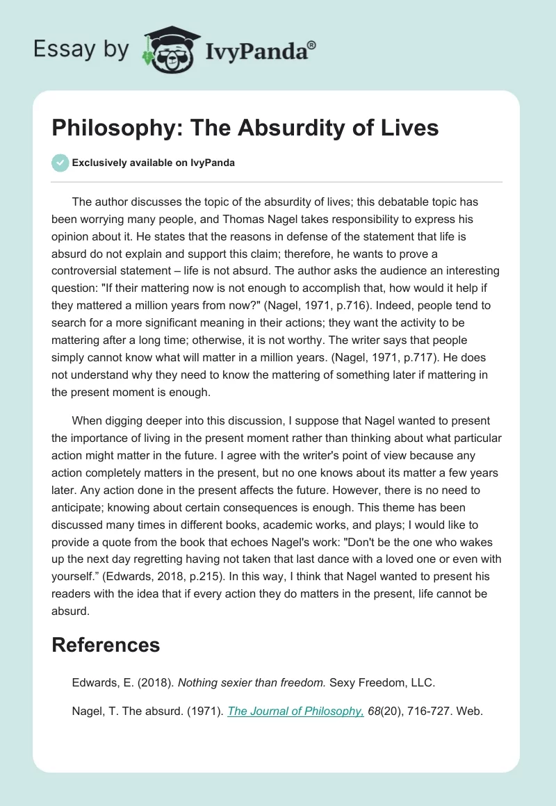 Philosophy: The Absurdity of Lives. Page 1