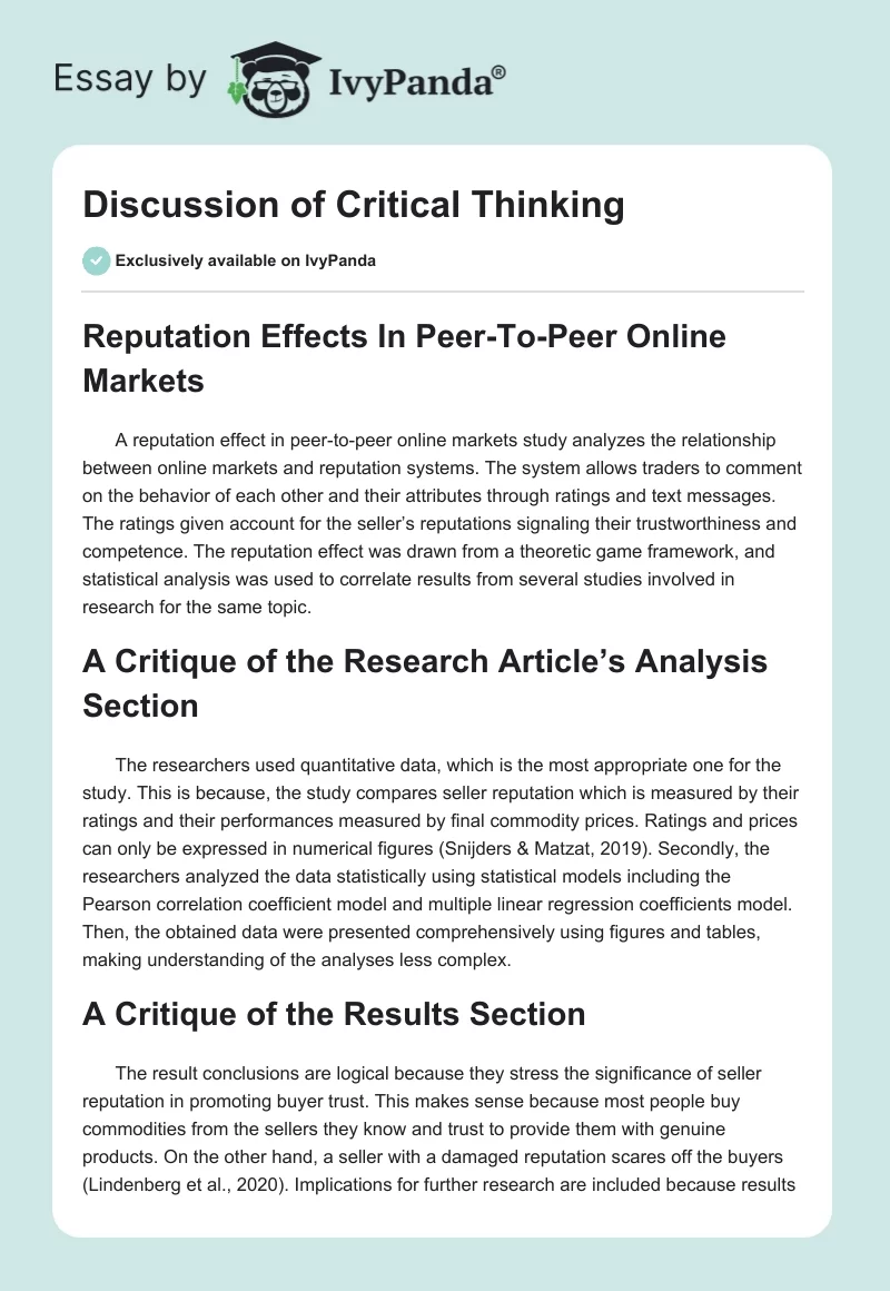 Discussion of Critical Thinking. Page 1