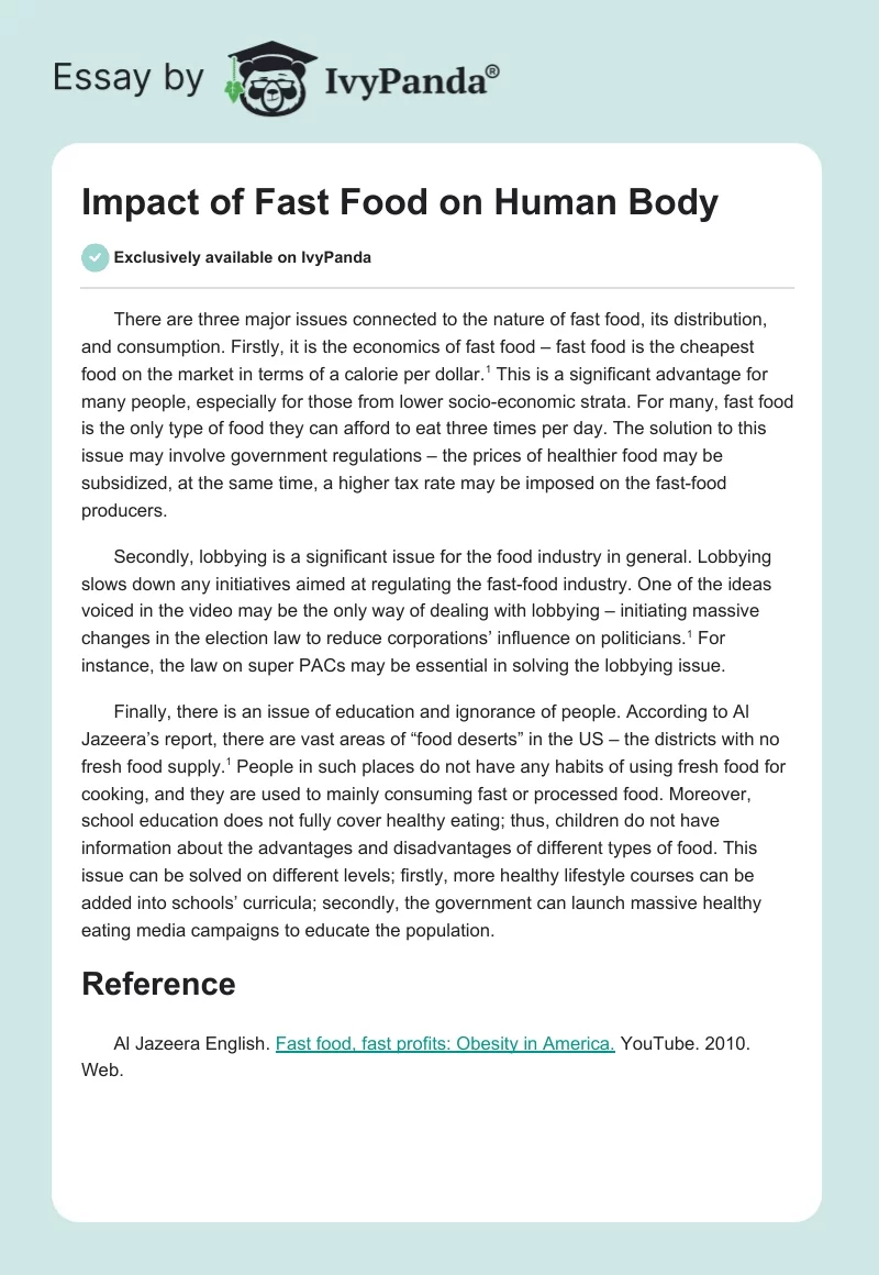Impact of Fast Food on Human Body. Page 1