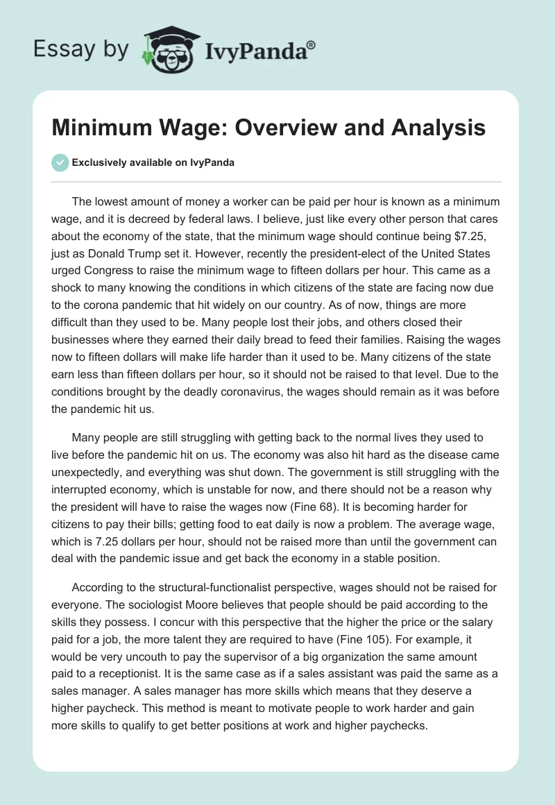 Minimum Wage: Overview and Analysis. Page 1