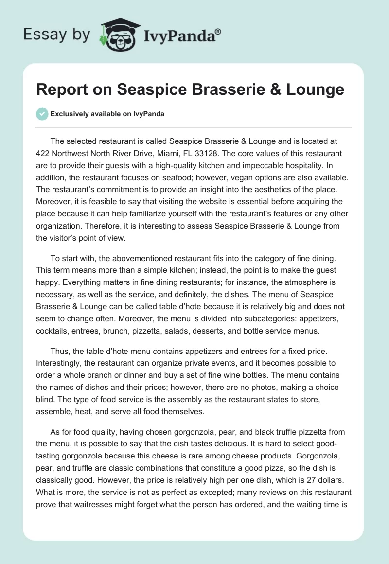 Report on Seaspice Brasserie & Lounge. Page 1