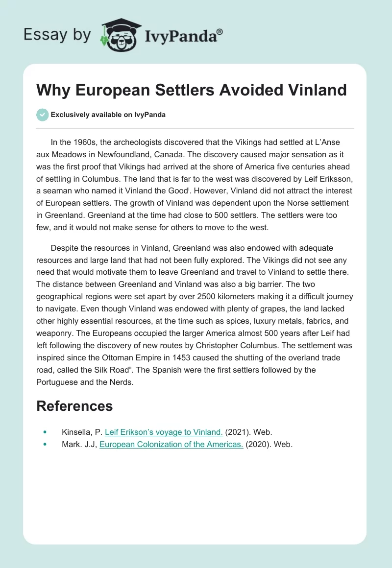Why European Settlers Avoided Vinland. Page 1