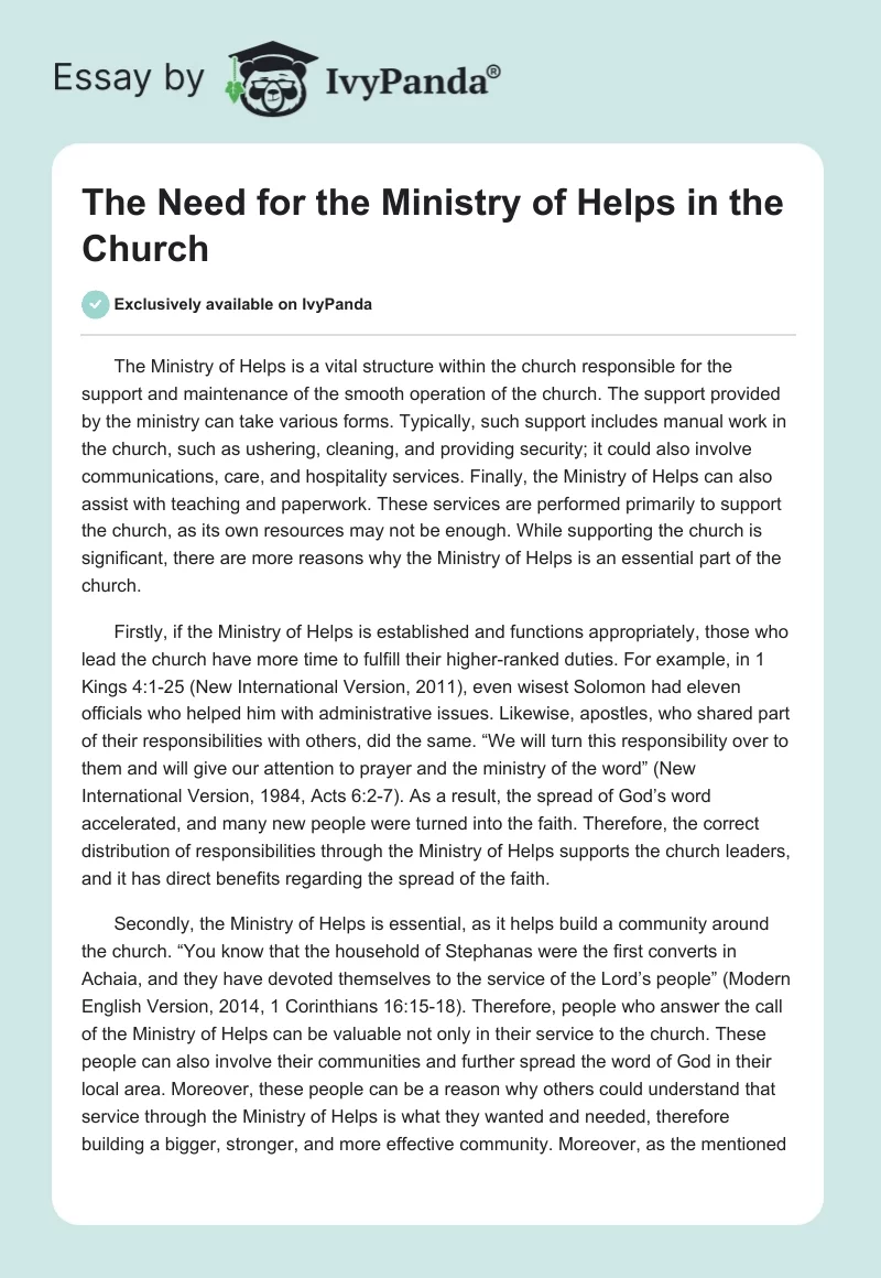 The Need for the Ministry of Helps in the Church. Page 1