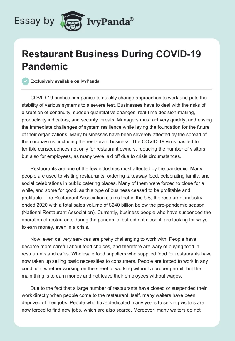 Restaurant Business During COVID-19 Pandemic. Page 1