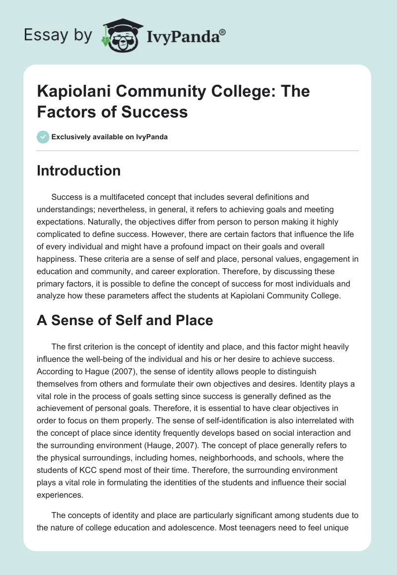 Kapiolani Community College: The Factors of Success. Page 1
