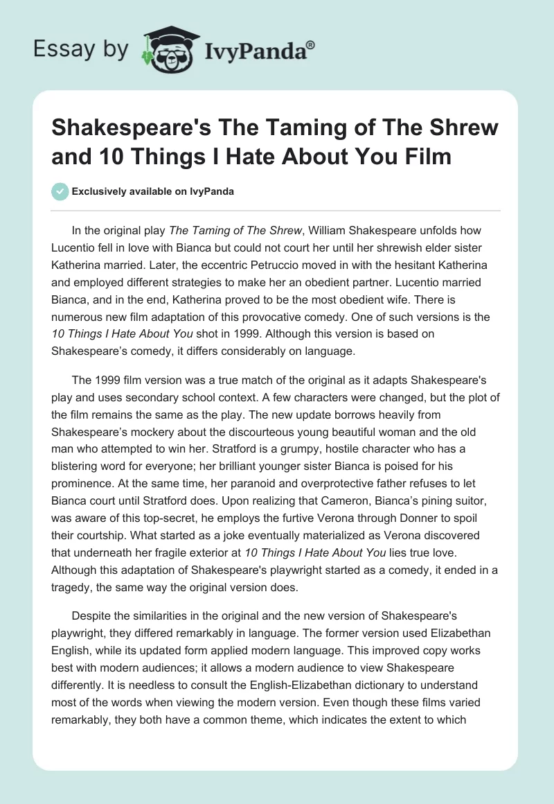 Shakespeare's The Taming of The Shrew and 10 Things I Hate About You Film. Page 1