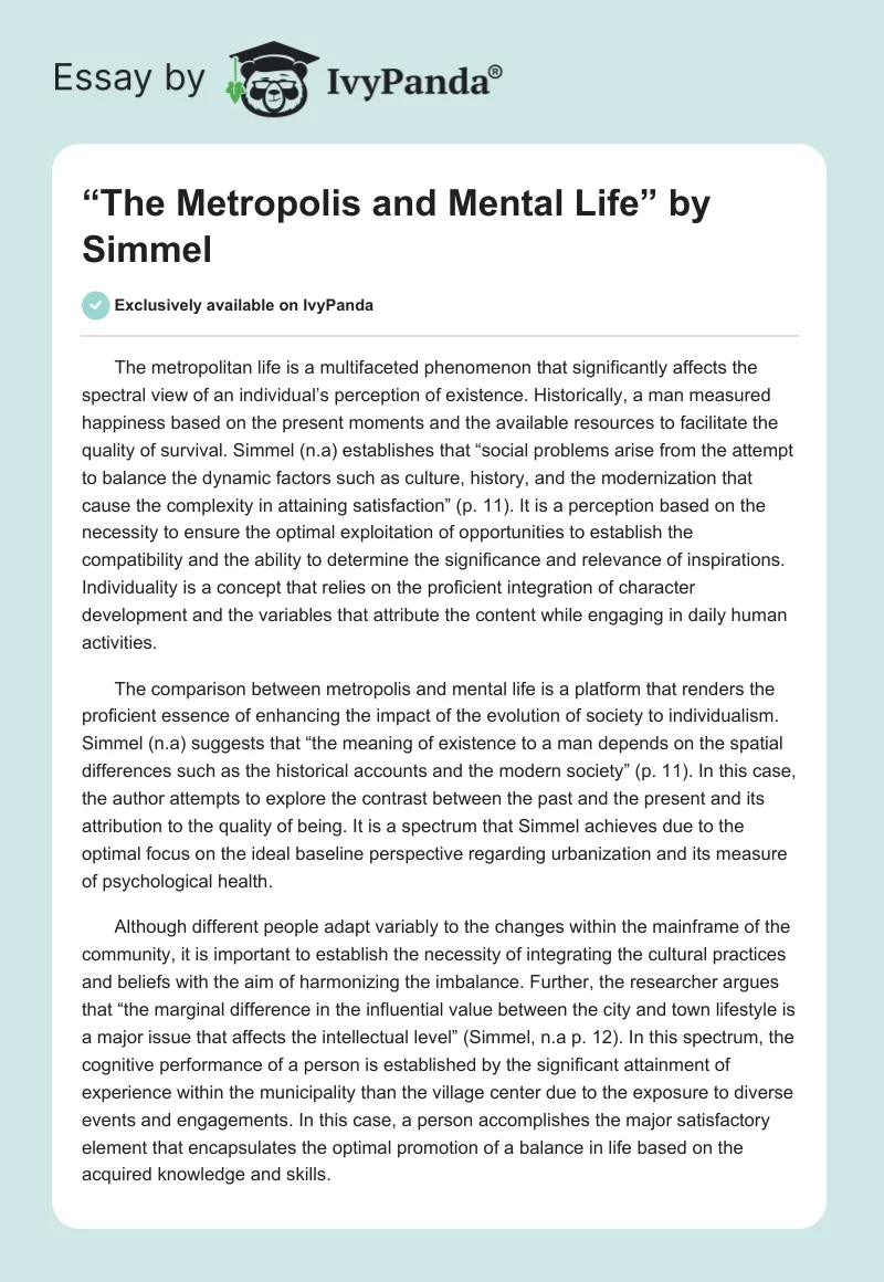 “The Metropolis and Mental Life” by Simmel. Page 1