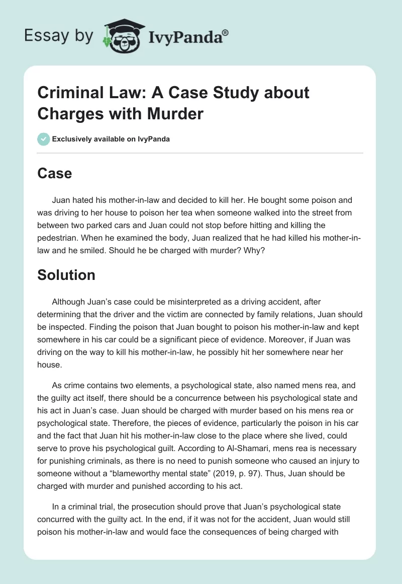 Criminal Law: A Case Study About Charges With Murder. Page 1