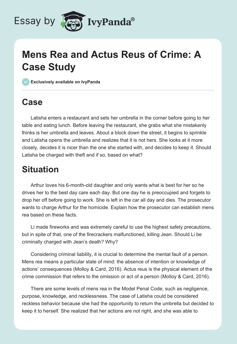 Mens Rea and Actus Reus of Crime: A Case Study. Page 1