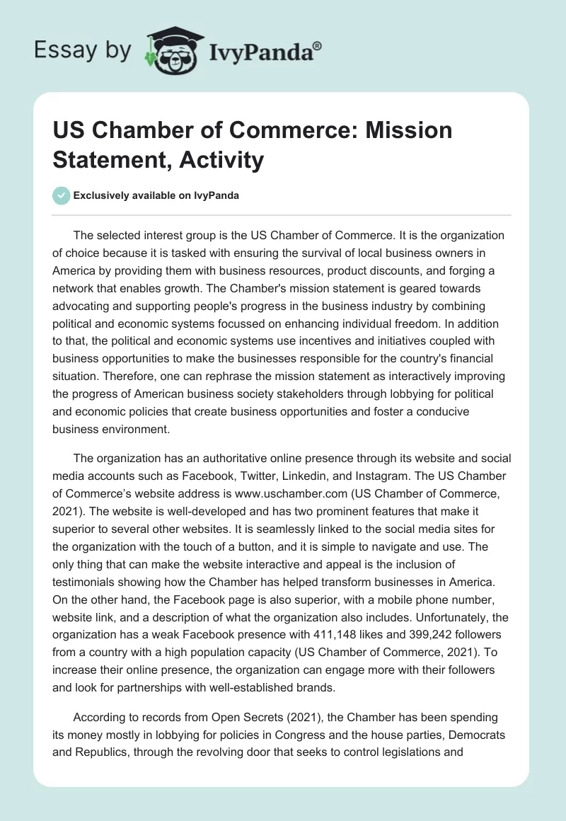 US Chamber of Commerce: Mission Statement, Activity. Page 1