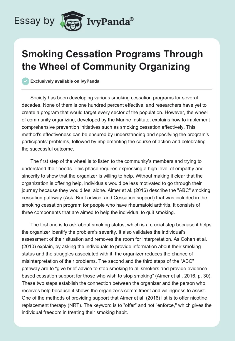 Smoking Cessation Programs Through the Wheel of Community Organizing. Page 1