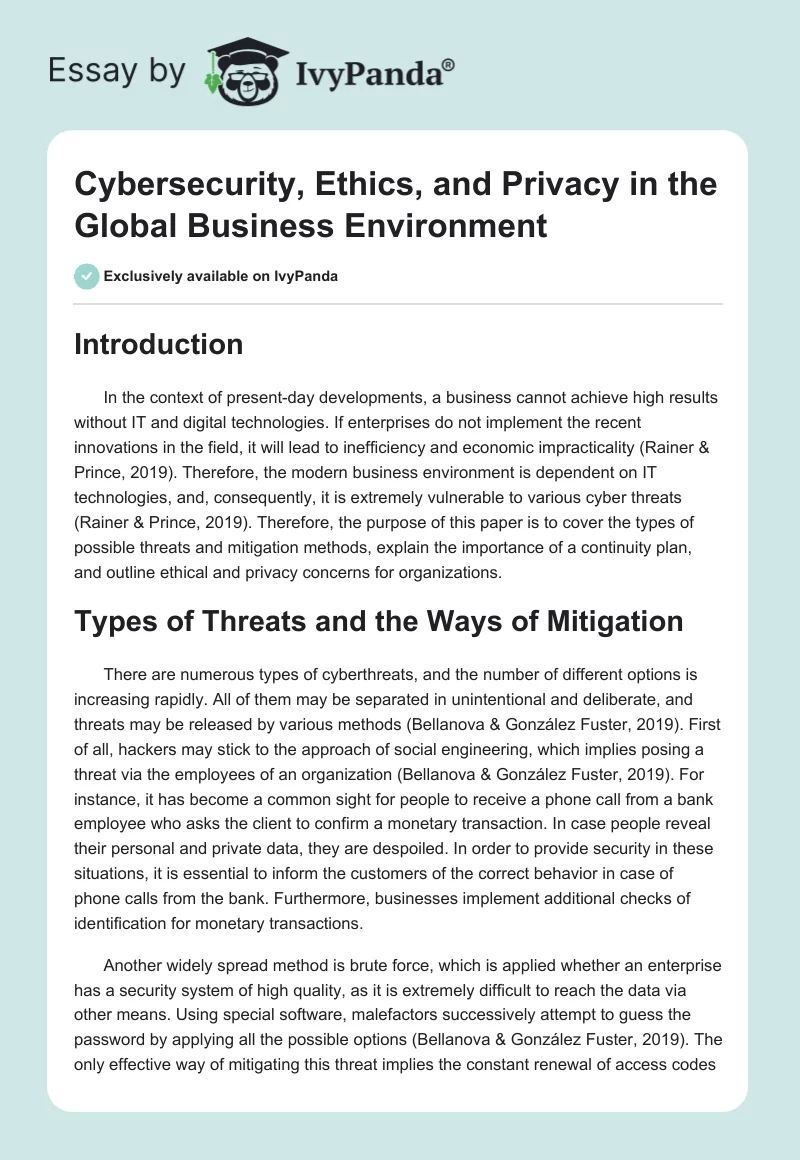 Cybersecurity, Ethics, and Privacy in the Global Business Environment. Page 1