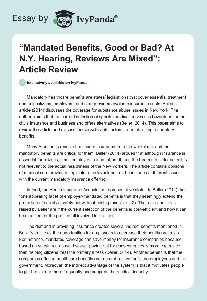 “Mandated Benefits, Good or Bad? At N.Y. Hearing, Reviews Are Mixed”: Article Review. Page 1