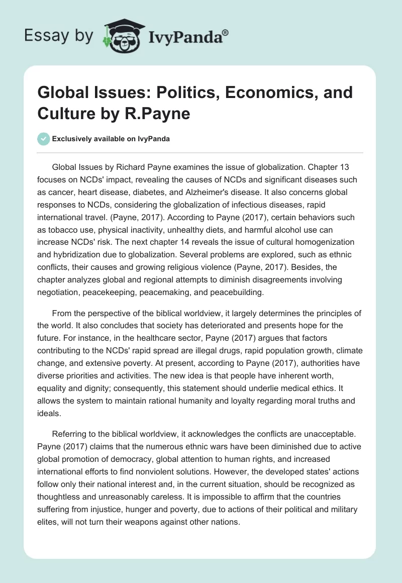 Global Issues: Politics, Economics, and Culture by R.Payne. Page 1