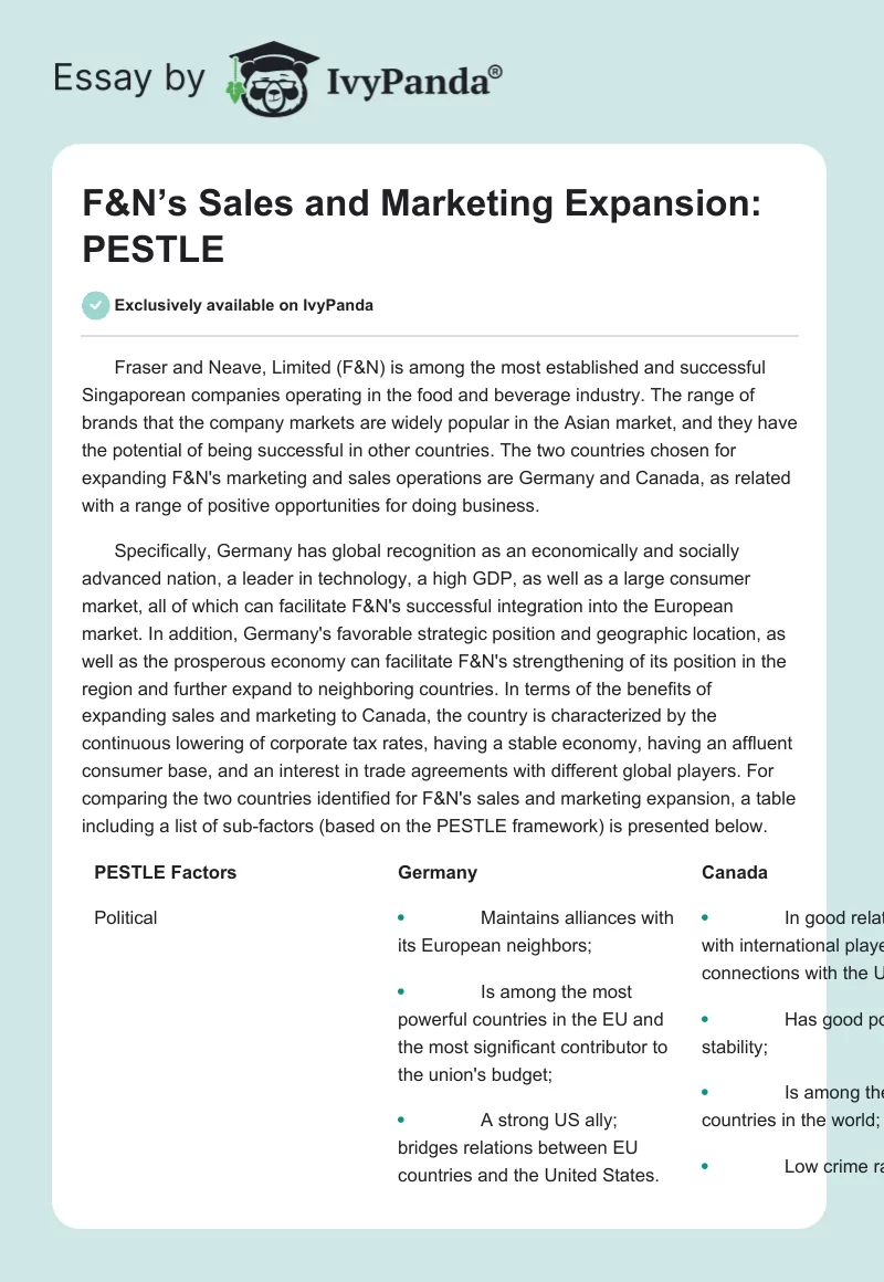 F&N’s Sales and Marketing Expansion: PESTLE. Page 1