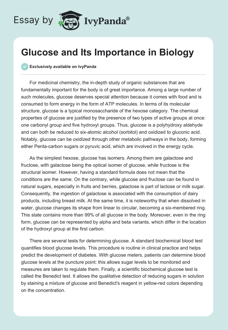 Glucose and Its Importance in Biology. Page 1