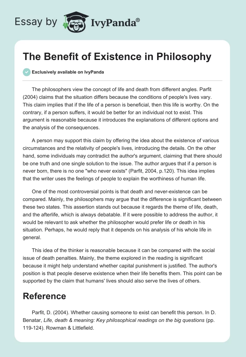 The Benefit of Existence in Philosophy. Page 1