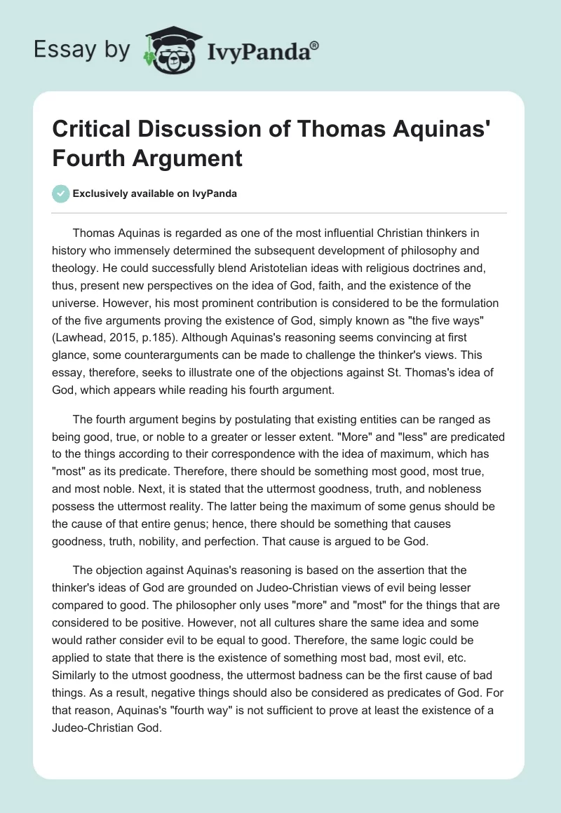 Critical Discussion of Thomas Aquinas' Fourth Argument. Page 1
