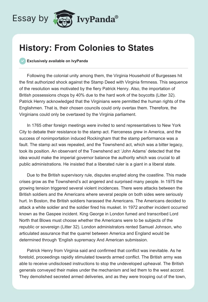 History: From Colonies to States. Page 1