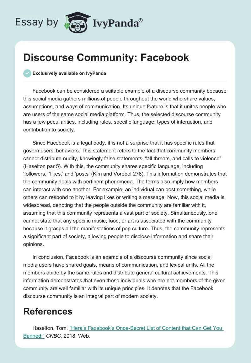 Discourse Community: Facebook. Page 1