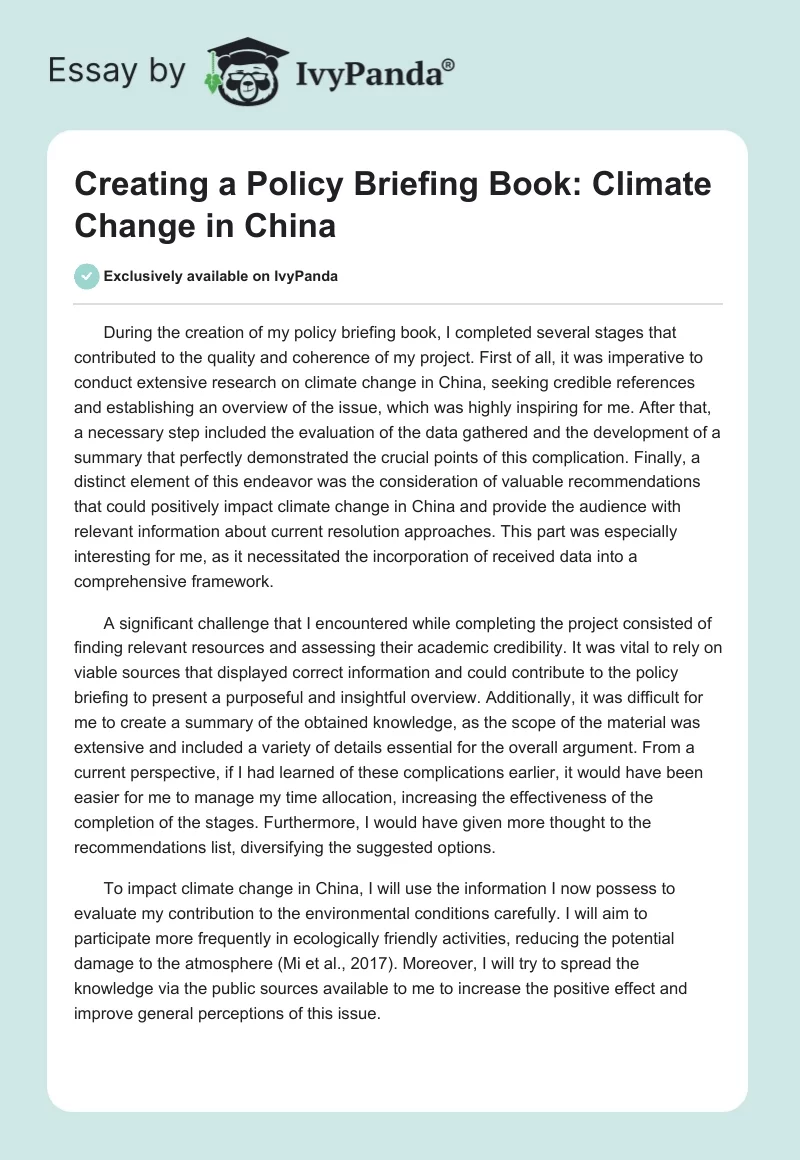 Creating a Policy Briefing Book: Climate Change in China. Page 1
