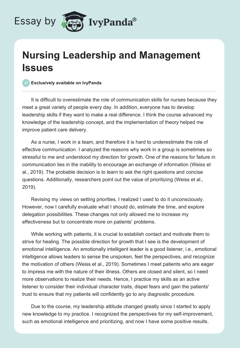 Nursing Leadership and Management Issues. Page 1