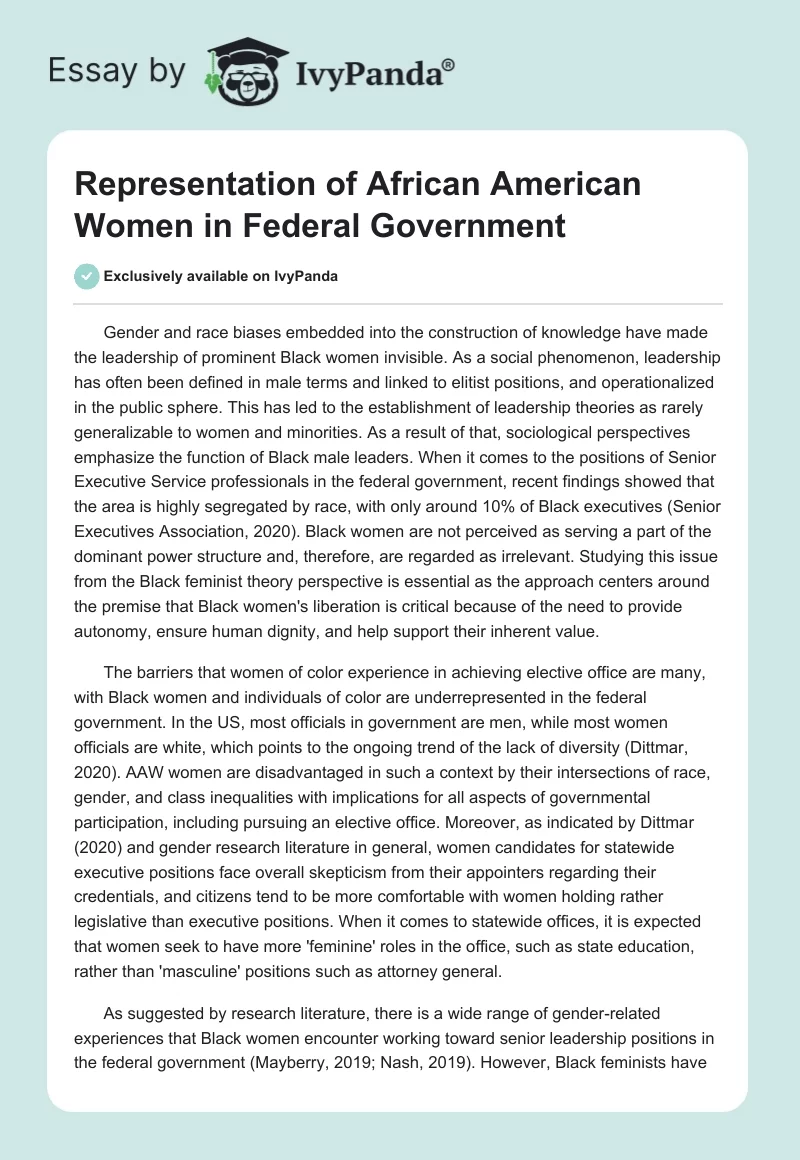 Representation of African American Women in Federal Government. Page 1
