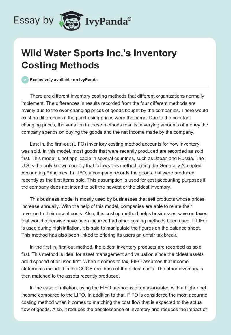 Wild Water Sports Inc.'s Inventory Costing Methods. Page 1