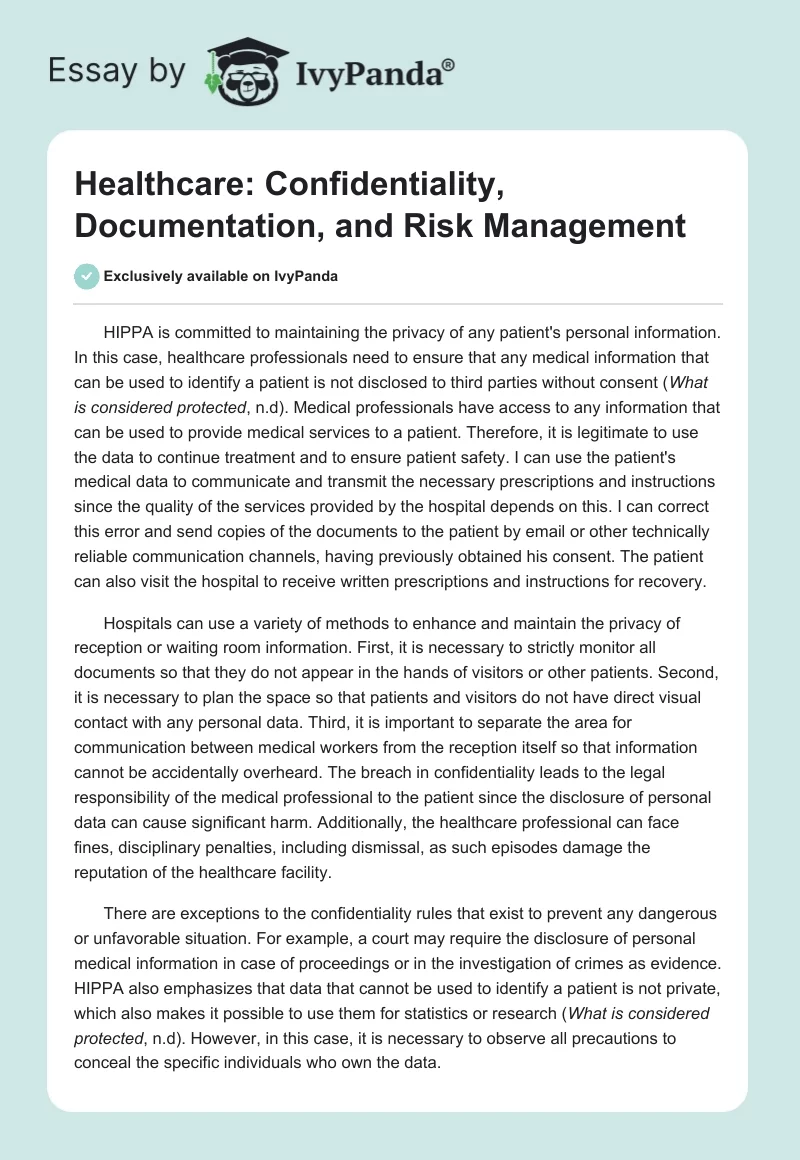 Healthcare: Confidentiality, Documentation, and Risk Management. Page 1
