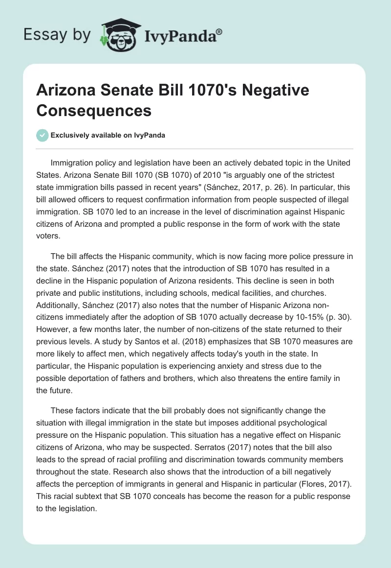 Arizona Senate Bill 1070's Negative Consequences. Page 1