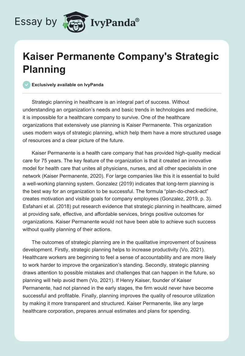 Kaiser Permanente Company's Strategic Planning. Page 1