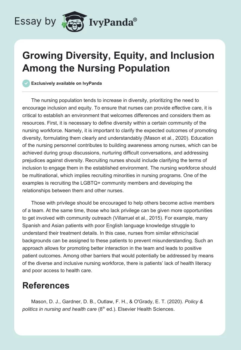 Growing Diversity, Equity, and Inclusion Among the Nursing Population. Page 1
