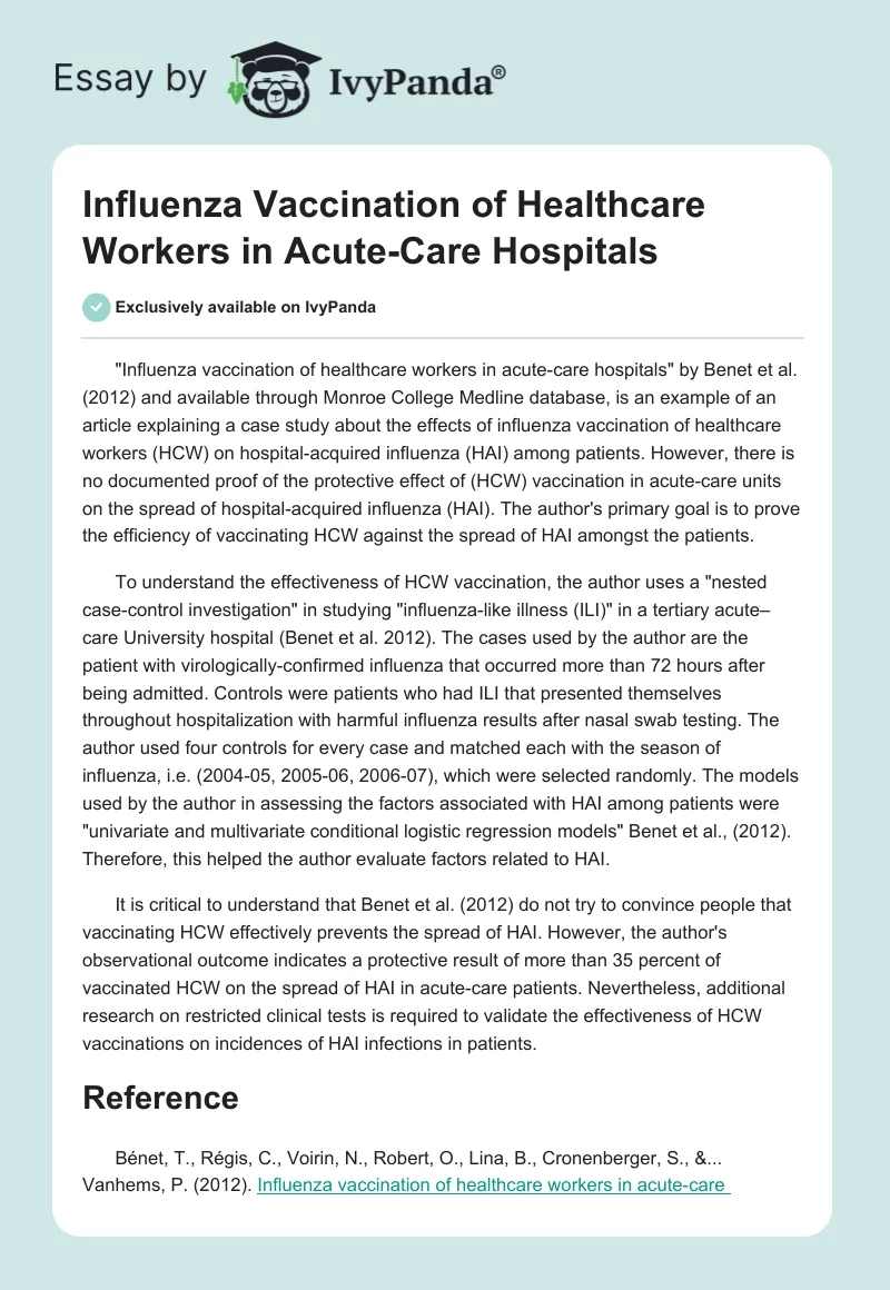 Influenza Vaccination of Healthcare Workers in Acute-Care Hospitals. Page 1