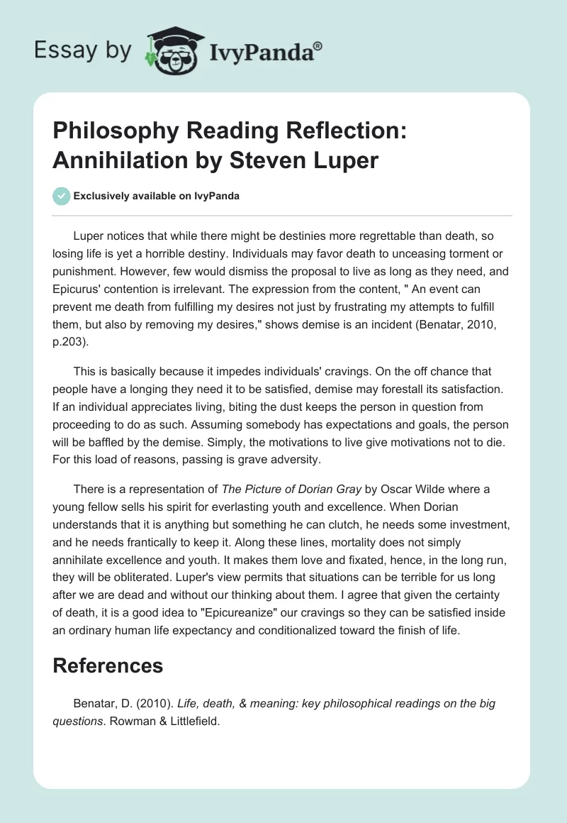 Philosophy Reading Reflection: "Annihilation" by Steven Luper. Page 1