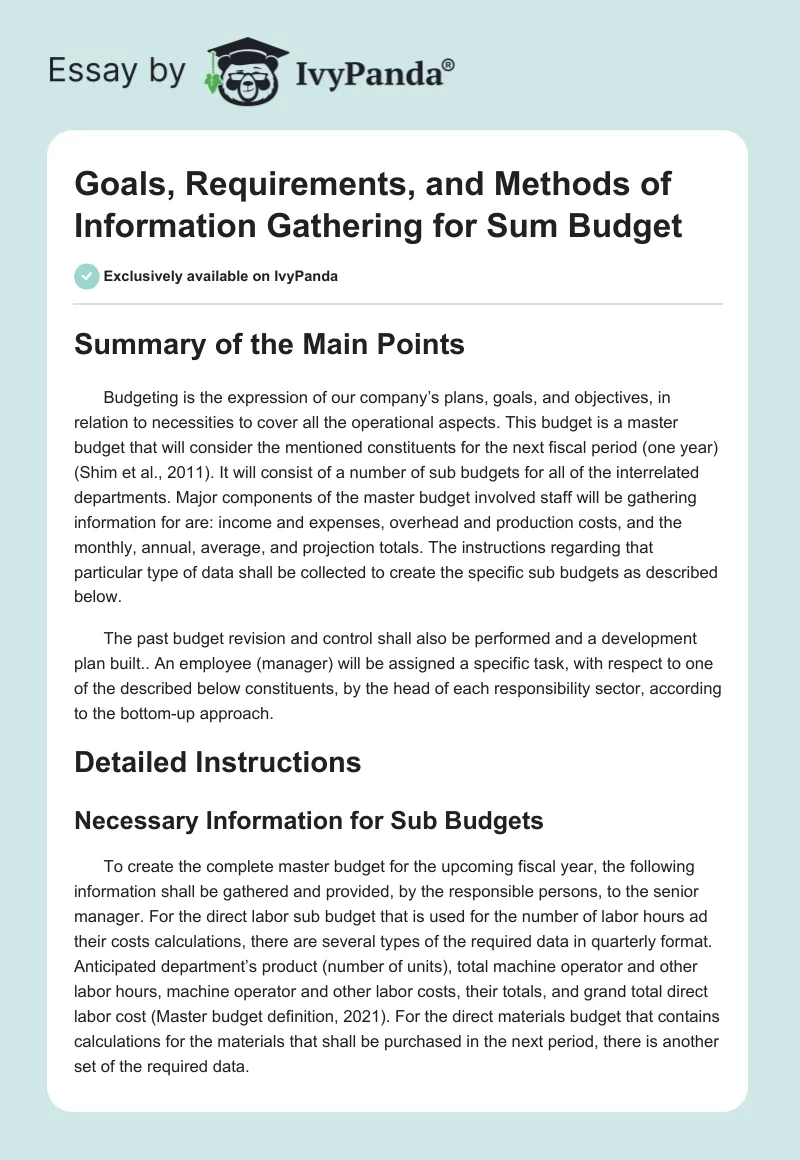 Goals, Requirements, and Methods of Information Gathering for Sum Budget. Page 1