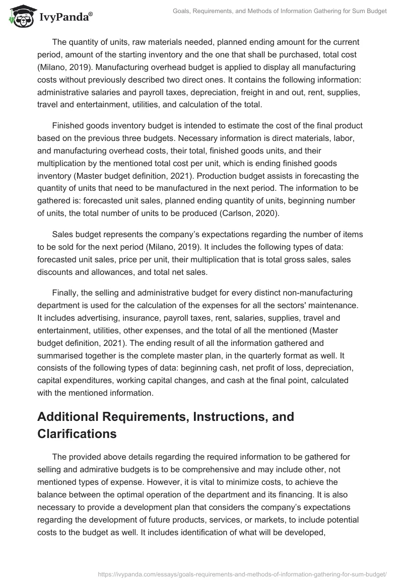 Goals, Requirements, and Methods of Information Gathering for Sum Budget. Page 2