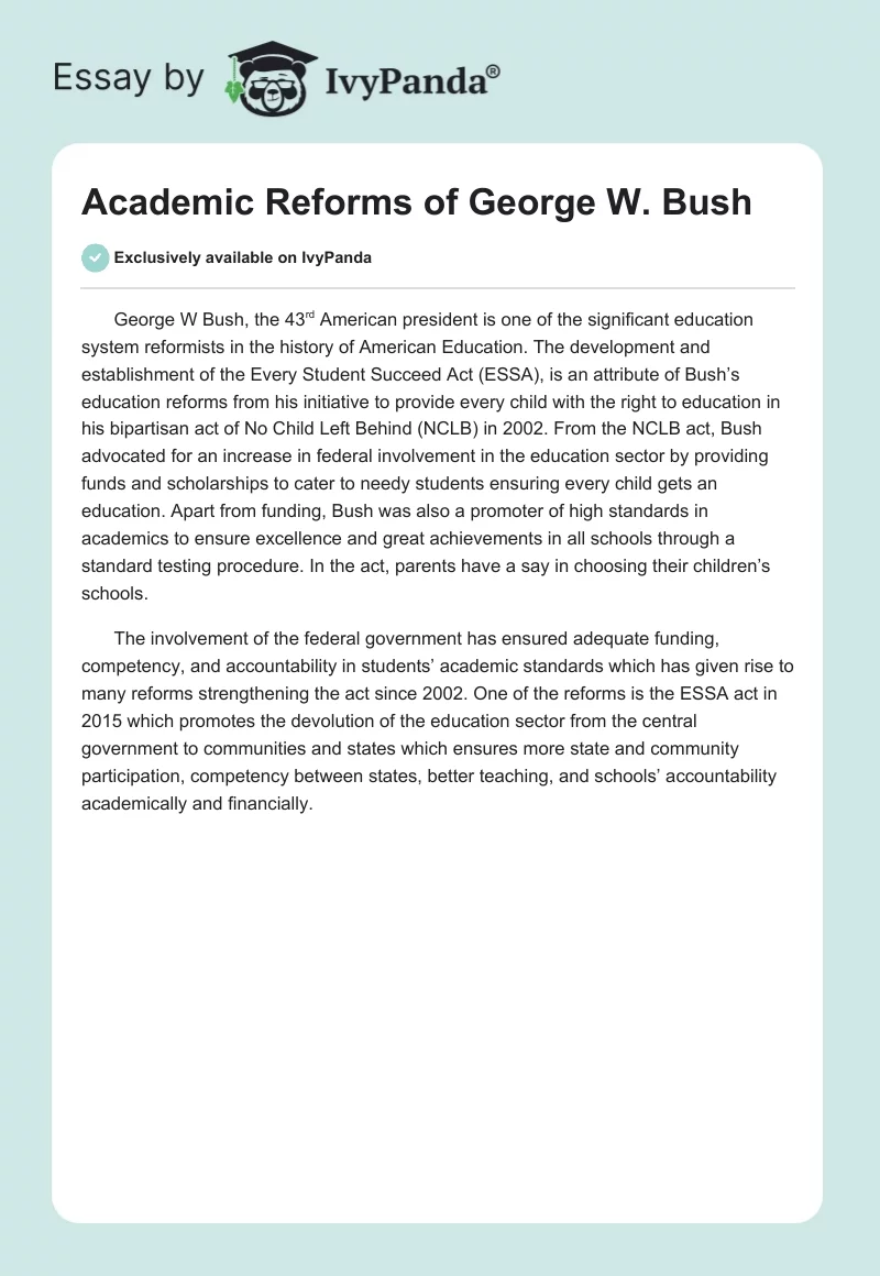 Academic Reforms of George W. Bush. Page 1